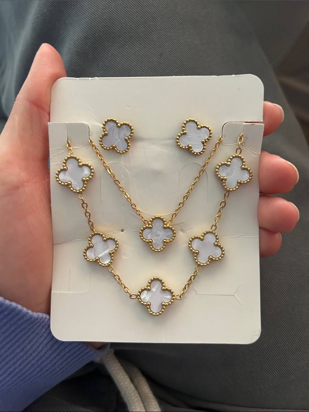 Gold and White Clover Pendant Necklace, Bracelet & Earring Set